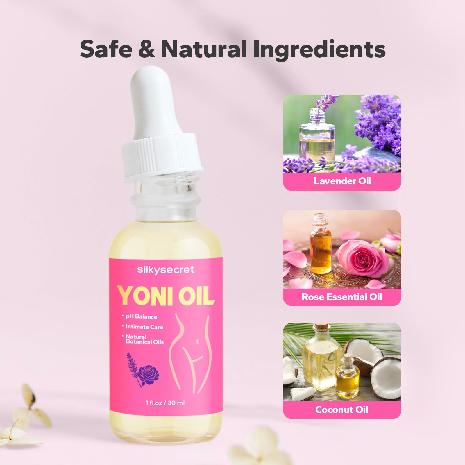 SilkySecret ingredients display with rose and lavender for natural scent