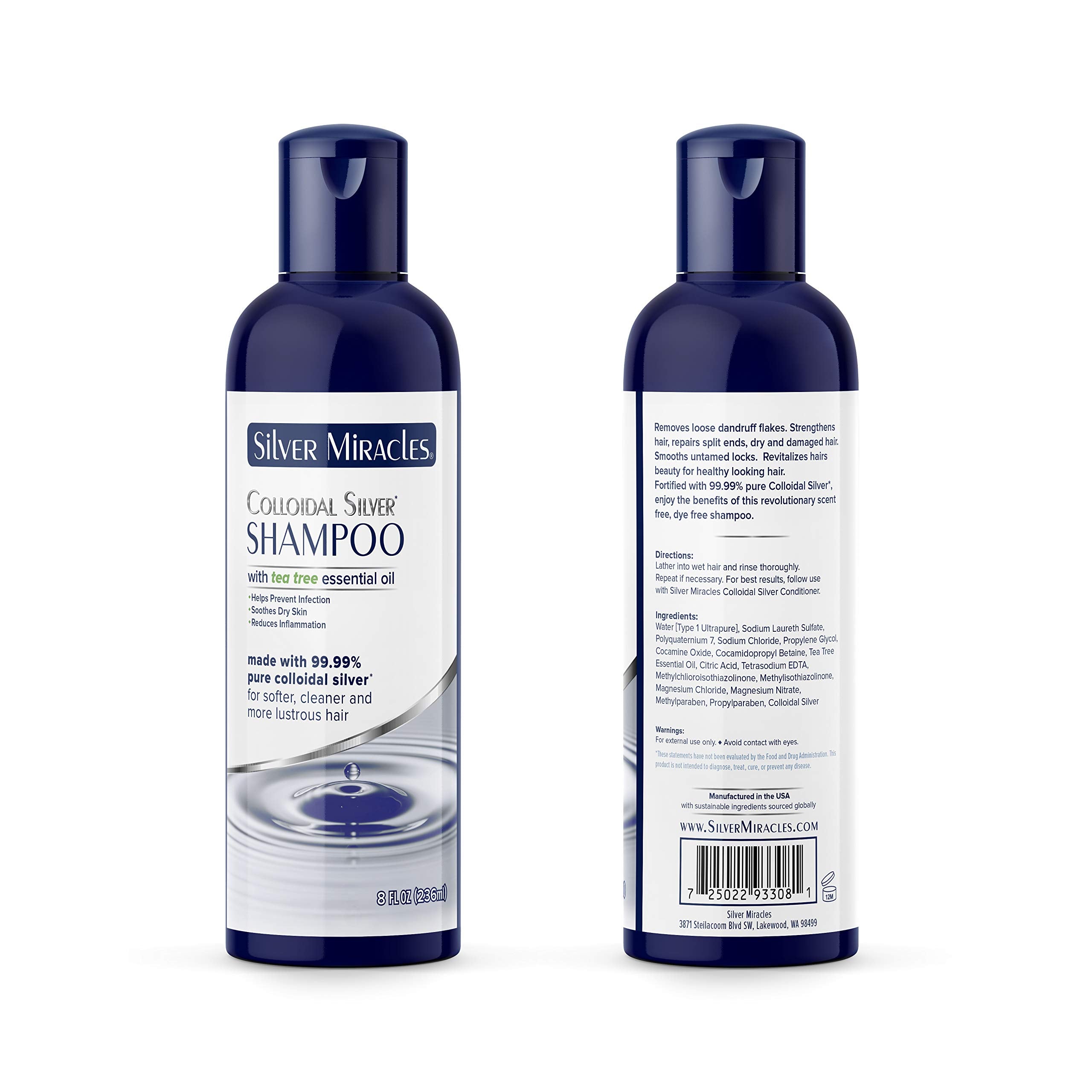 Silver Miracles front bottle showing label and nourishing lather for cleaner, softer hair
