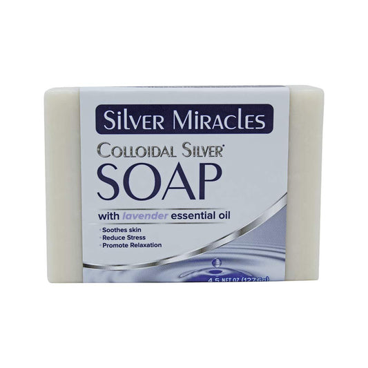 Silver Miracles front view of lavender soap bar showing clean packaging and gentle formula benefit