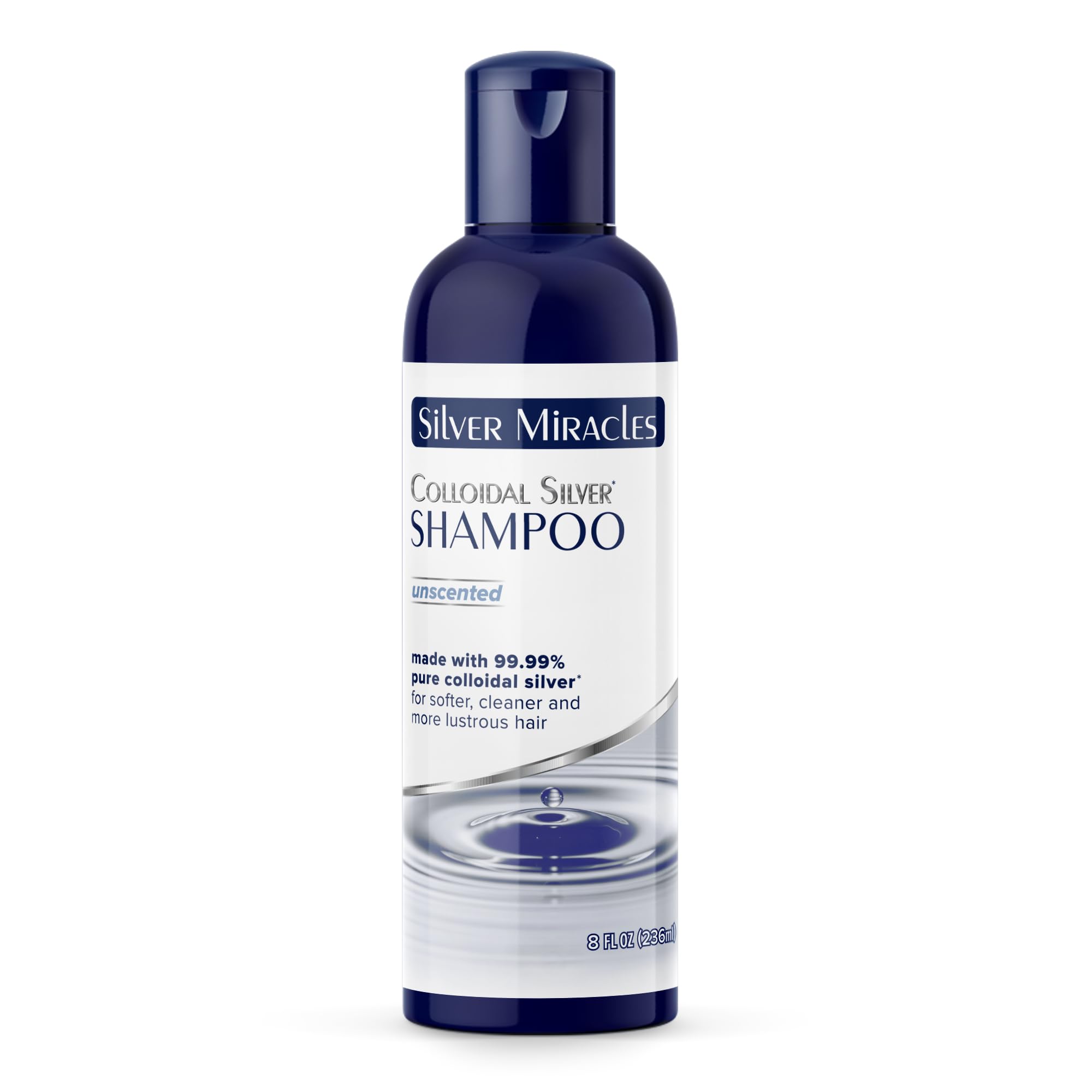 Silver Miracles shampoo front label showing ingredients and unscented benefit