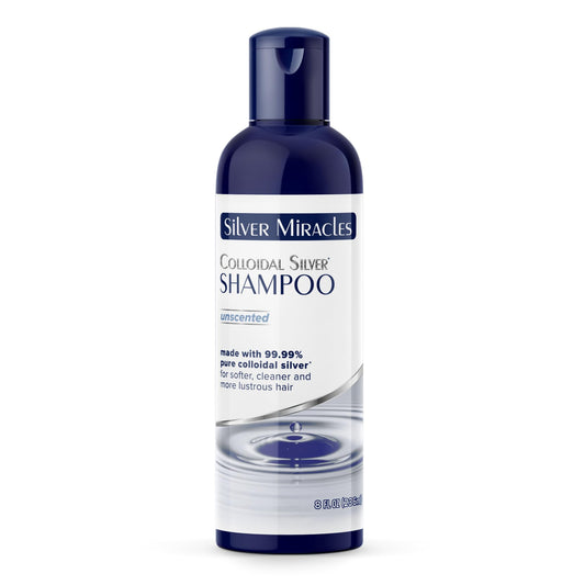 Silver Miracles shampoo front label showing ingredients and unscented benefit