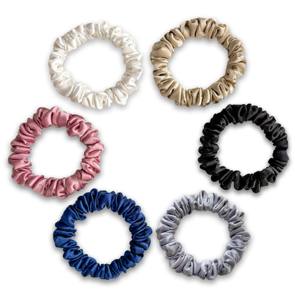 Silvr Bear front packaging displaying six satin scrunchies for easy outfit matching