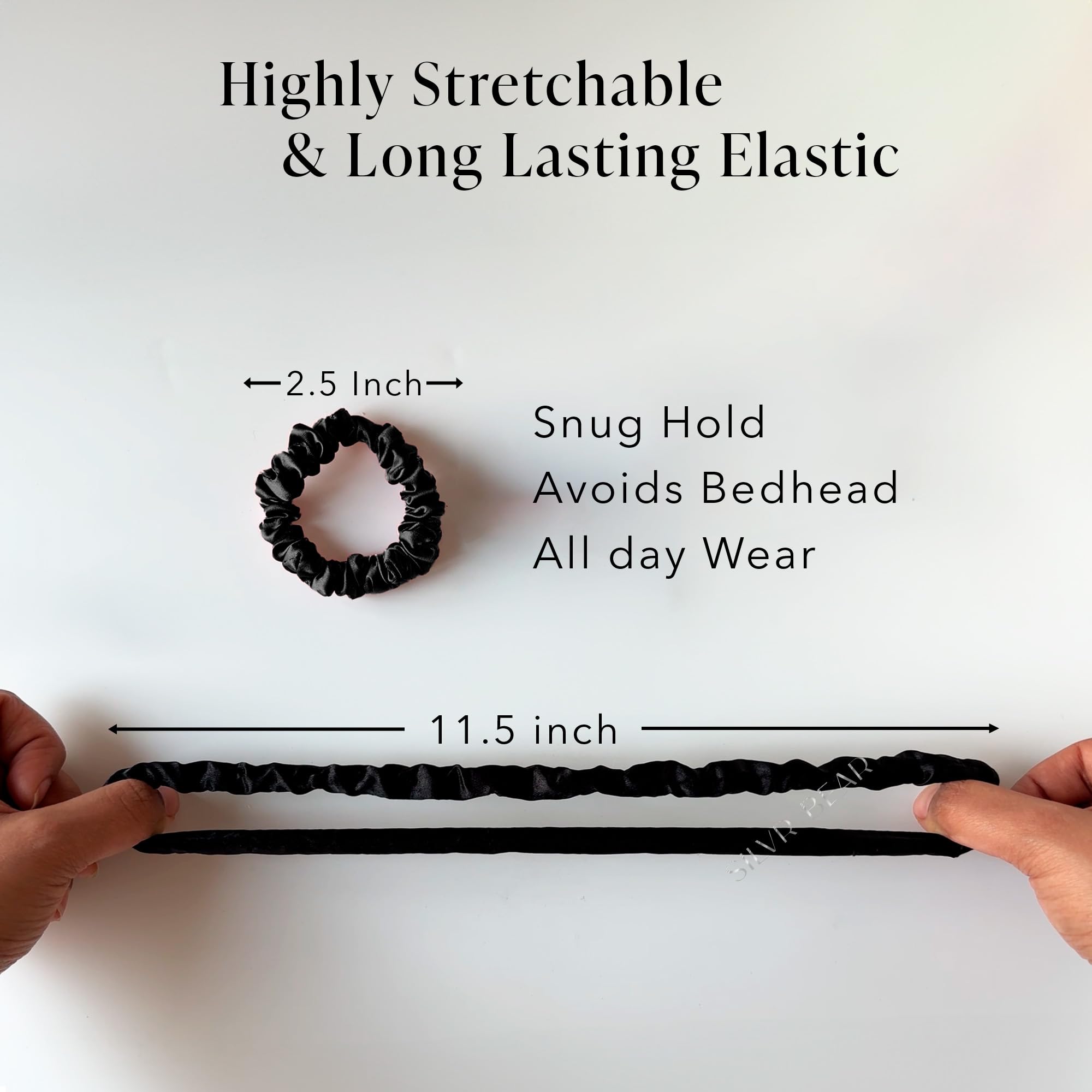 Silvr Bear scrunchie worn in ponytail showing secure hold and gentle grip benefit