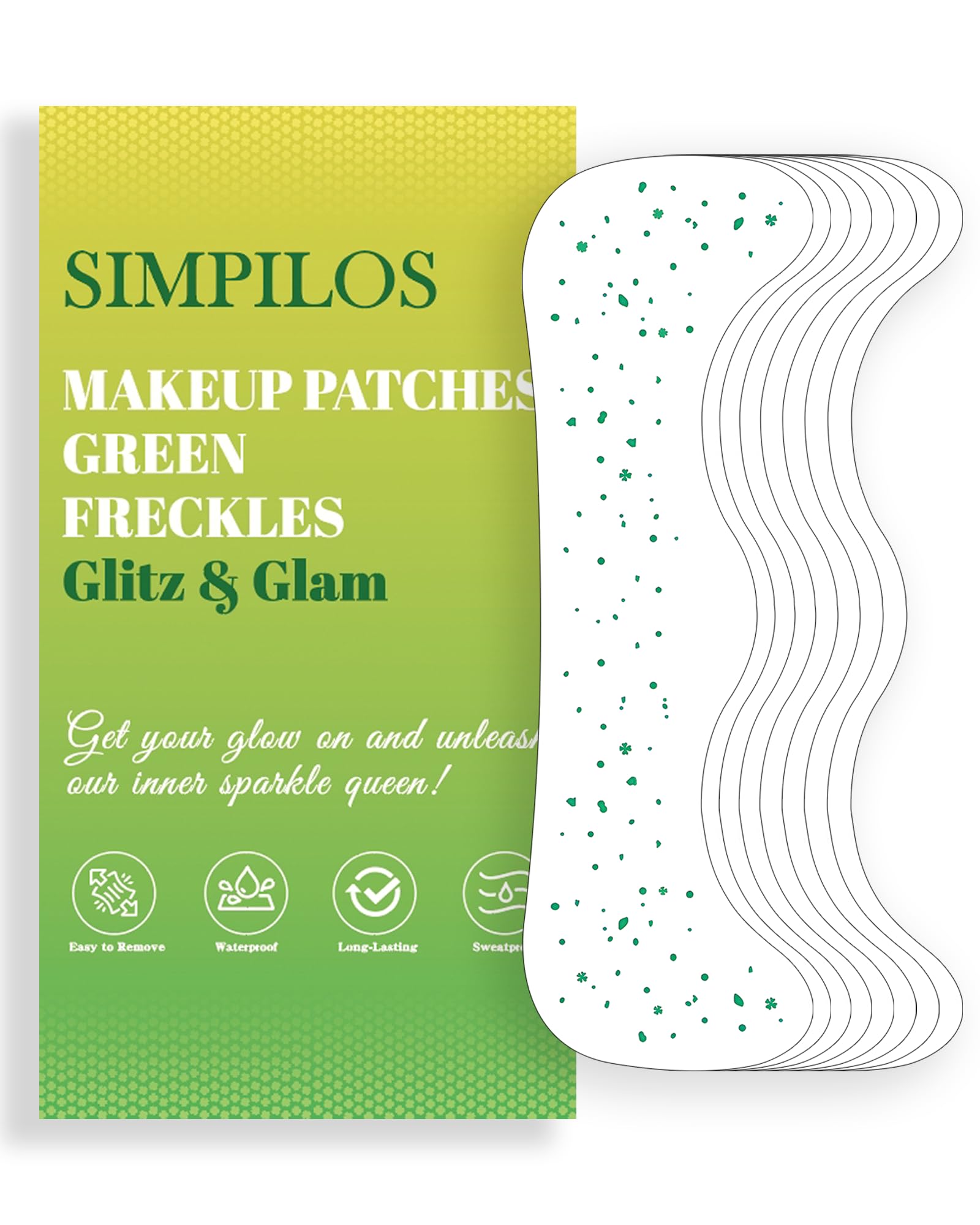 Simpilos front packaging showing green glitter patches and benefits