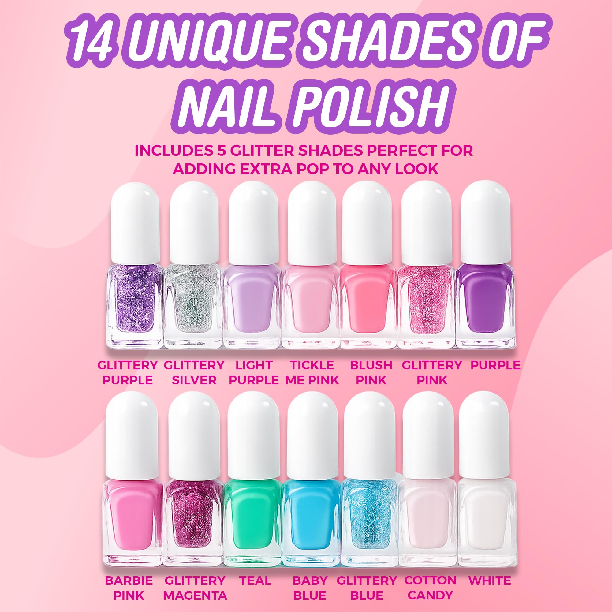 SIMPLE PLEASURES arranged color palette displaying fourteen vibrant non-toxic shades