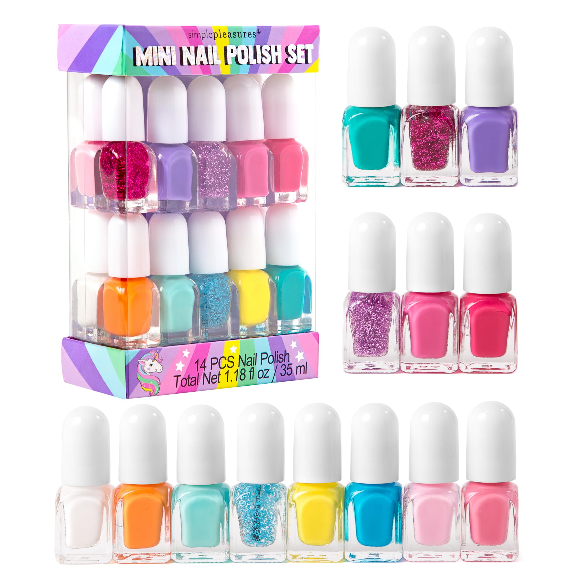 SIMPLE PLEASURES front packaging showing 14 colorful polish bottles and unicorn art