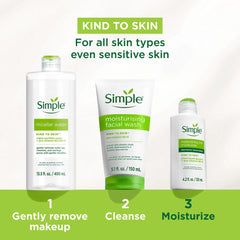 Simple applied to model's face during morning routine demonstrating smooth base