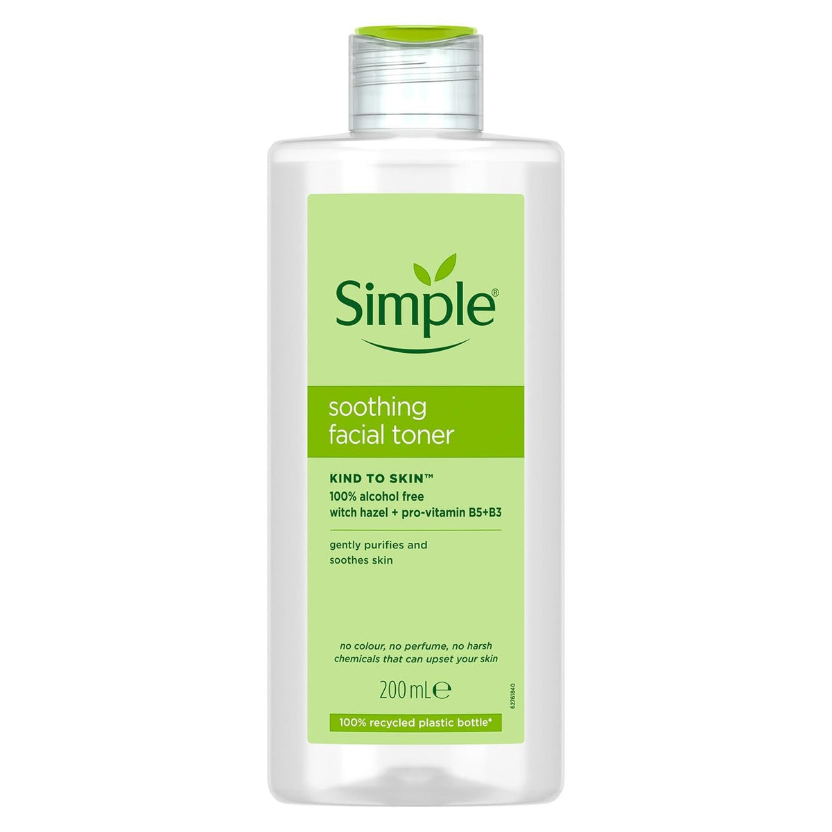 Simple soothing toner front packaging shows bottle and label, gentle cleansing benefit