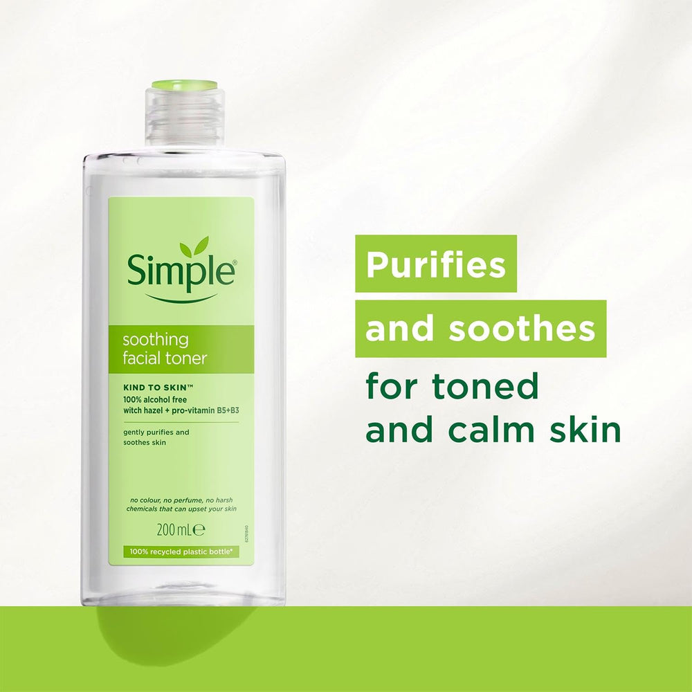 Applying Simple toner with cotton pad to remove residue and prep skin benefit