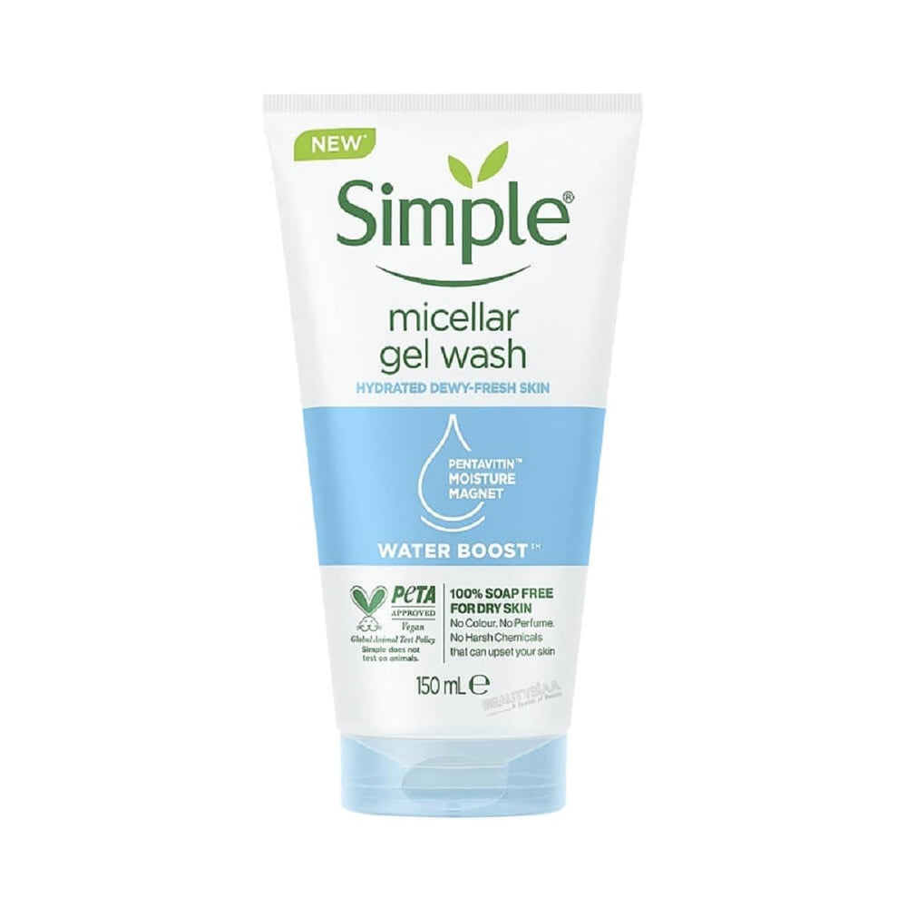Simple Water Boost front packaging showing product and claims, highlights gentle cleansing