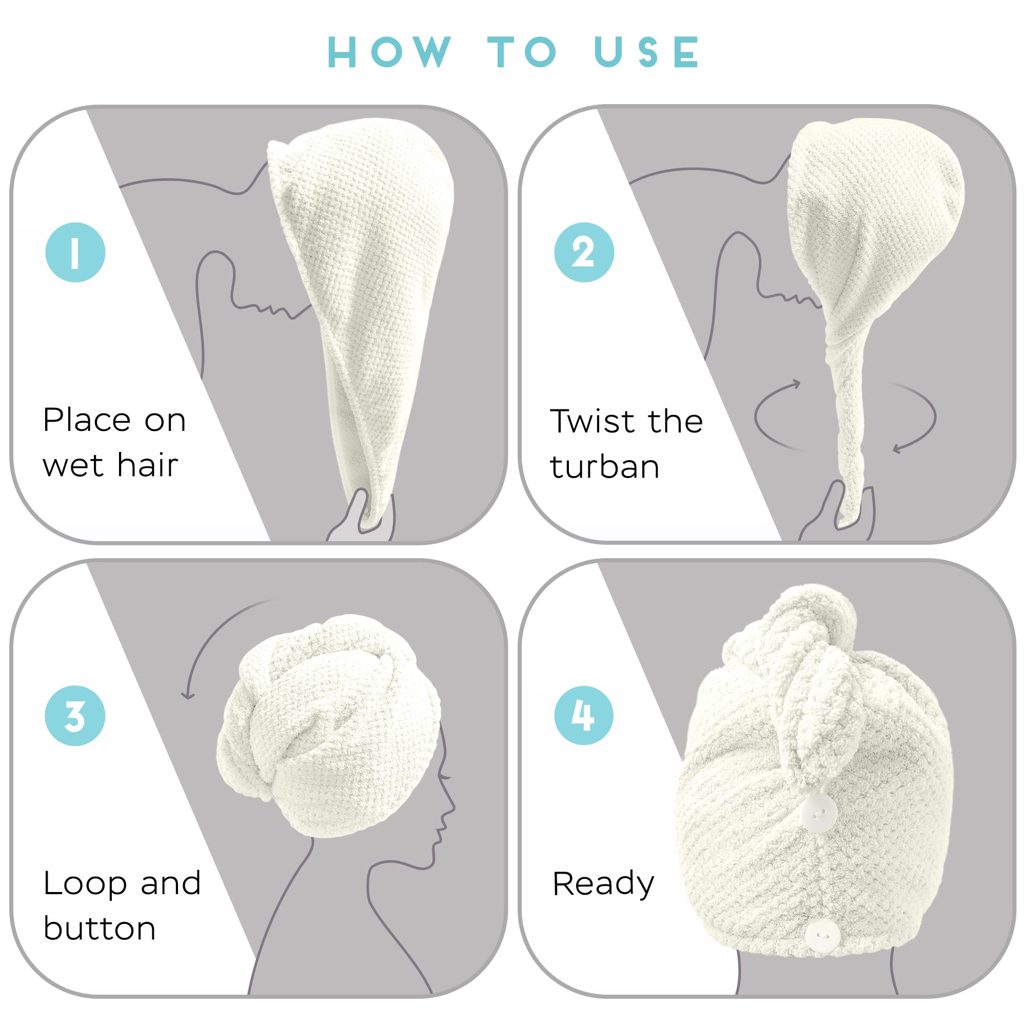 SimpleField turban in bathroom setting suggesting easy-care, daily routine benefit