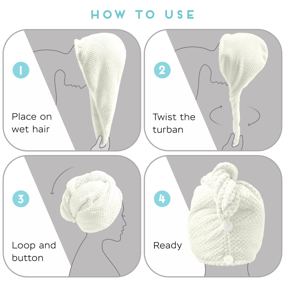 SimpleField turban in bathroom setting suggesting easy-care, daily routine benefit