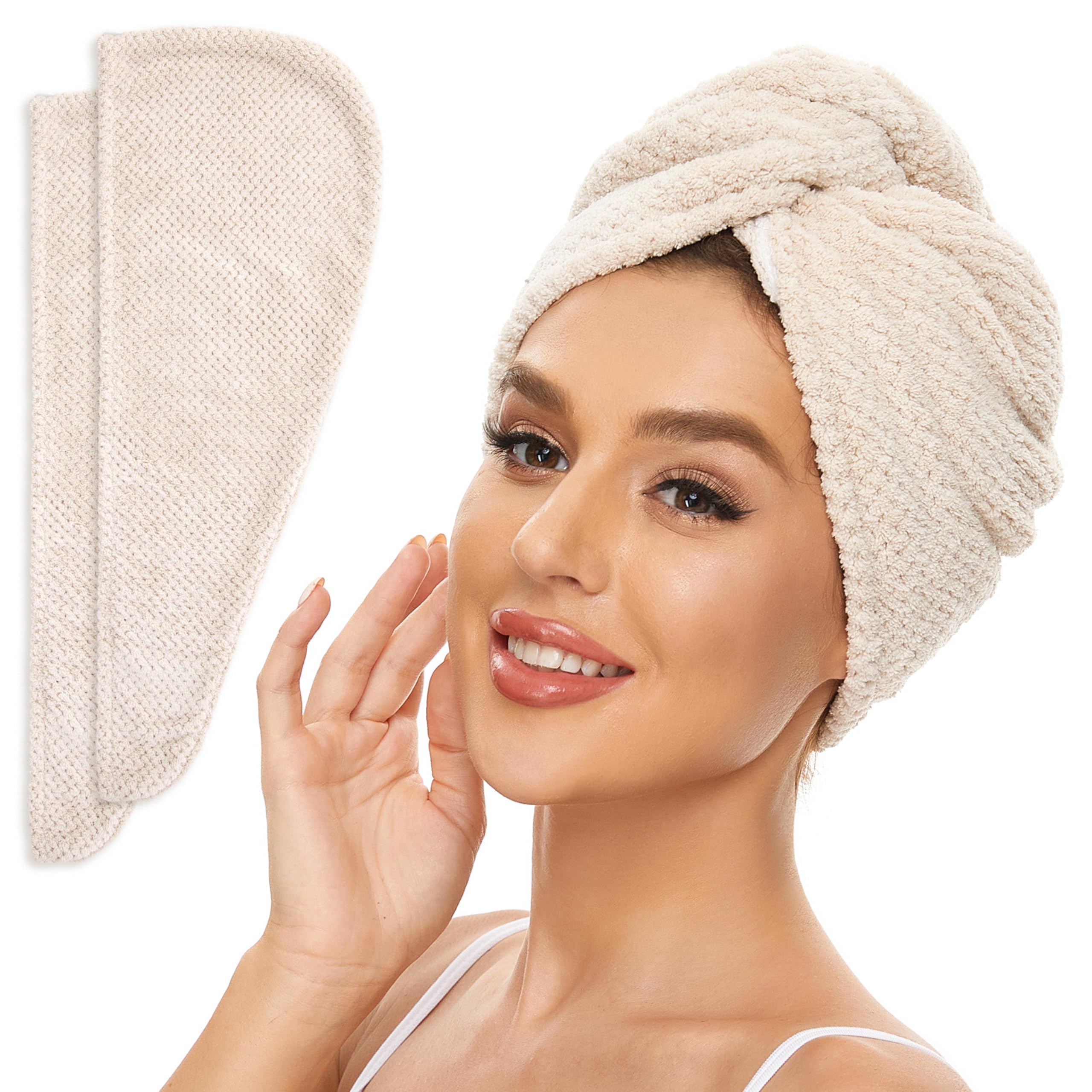 SimpleField front view of beige two-pack turbans showing neat folding and color benefit: quick drying
