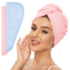 SimpleField front view of blue and pink towel wraps, fast-drying convenience