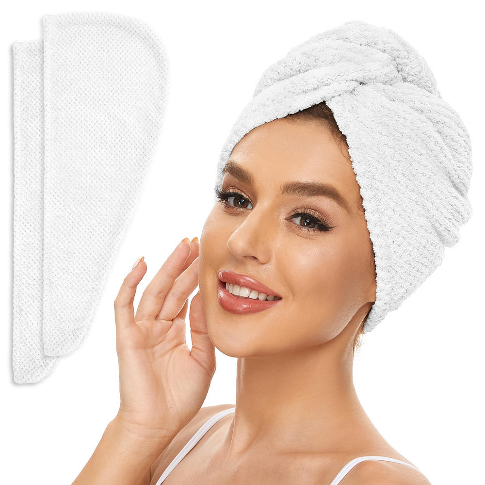 SimpleField front view of bright white towel pack showing two turbans benefiting quick drying