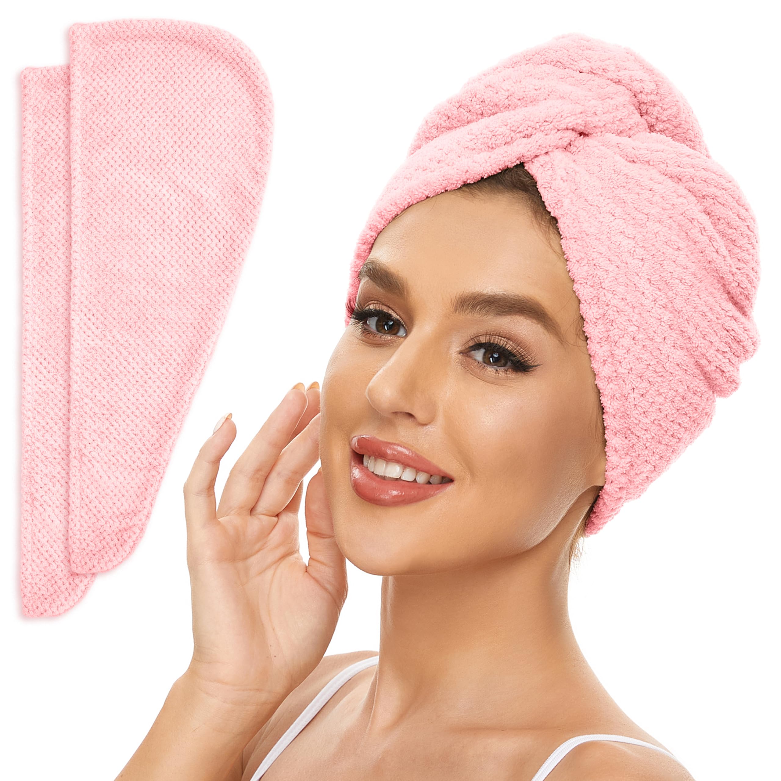 SimpleField pink two-pack front view showing compact folded turbans and benefit of quick drying