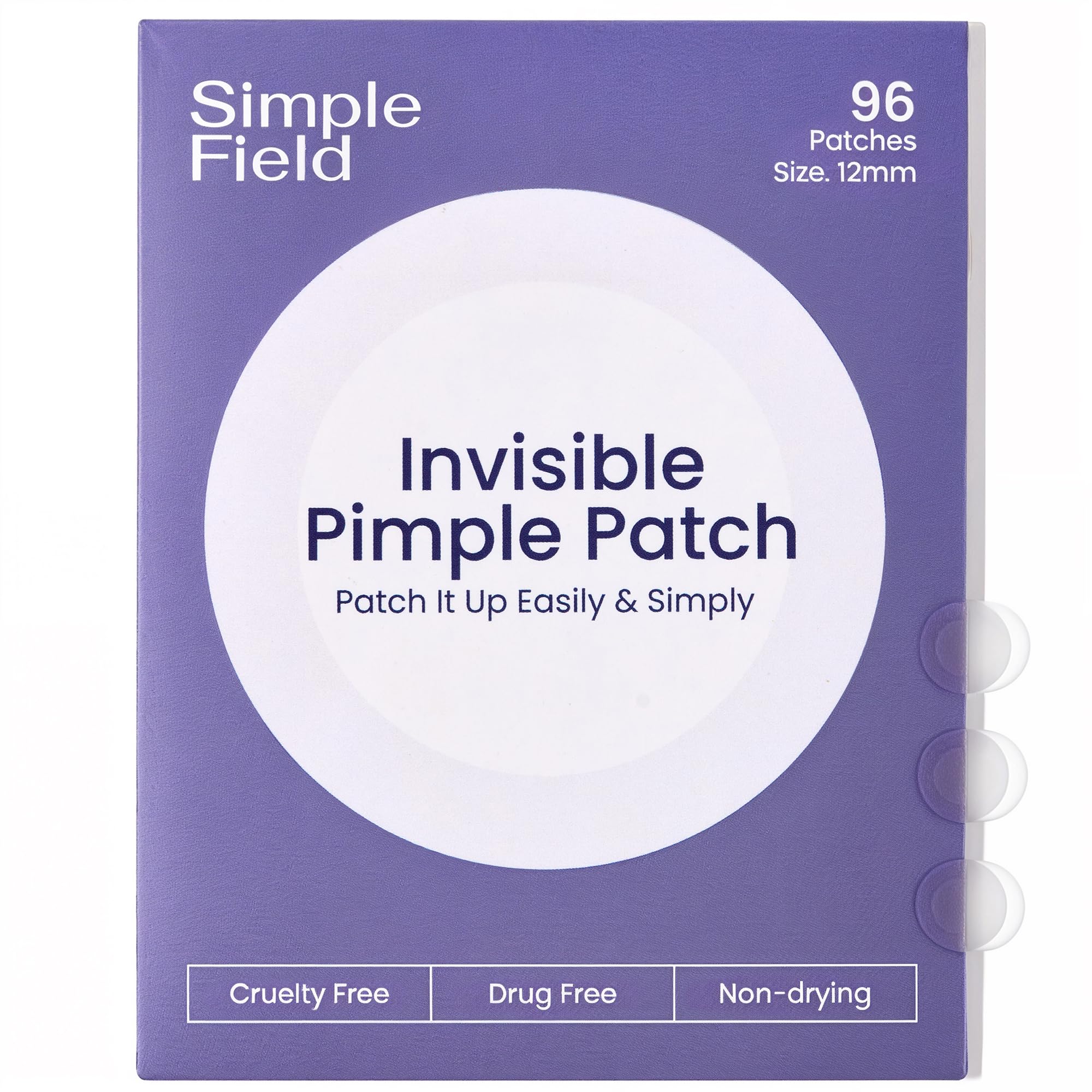 SimpleField front packaging showing 96-count and medium patch benefit