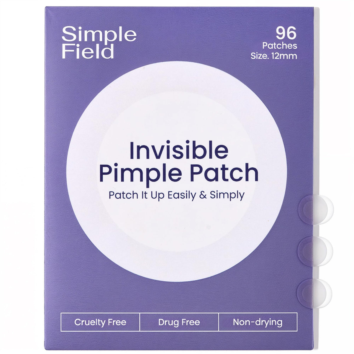 SimpleField front packaging showing 96-count and medium patch benefit
