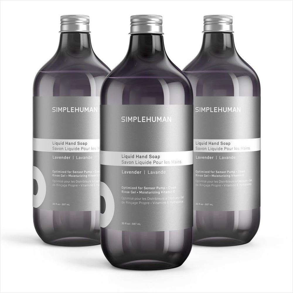 simplehuman three‑pack front packaging showing lavender scent and recyclable benefit