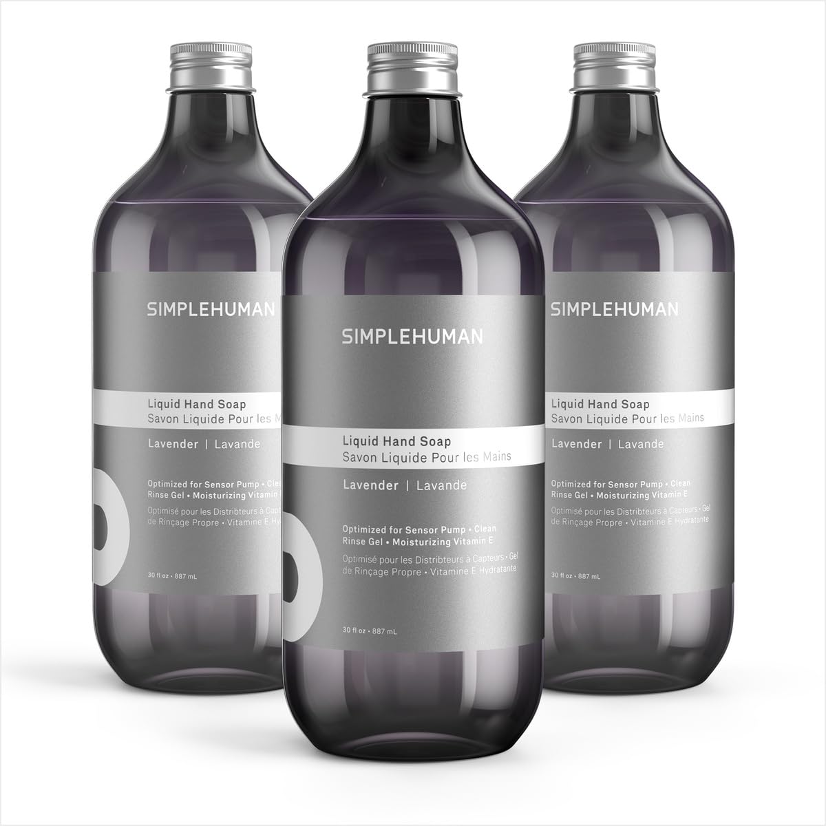 simplehuman three‑pack front packaging showing lavender scent and recyclable benefit