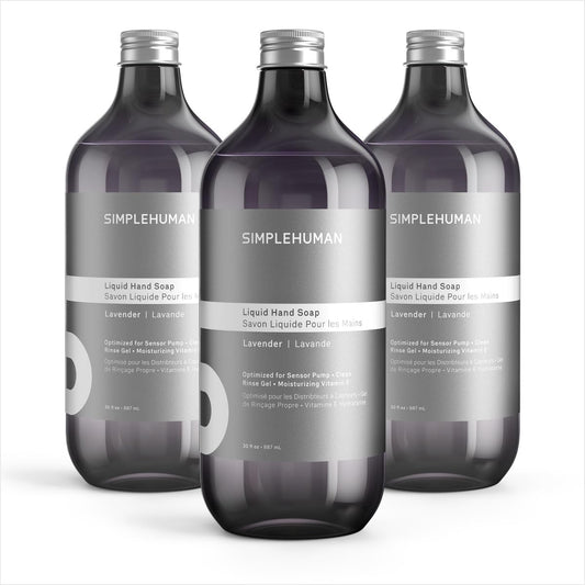 simplehuman three‑pack front packaging showing lavender scent and recyclable benefit