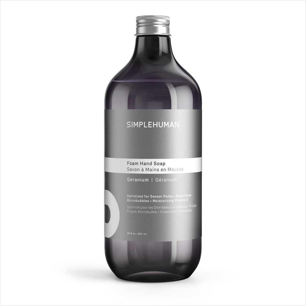 simplehuman front packaging showing bottle and label, highlights easy refill benefit