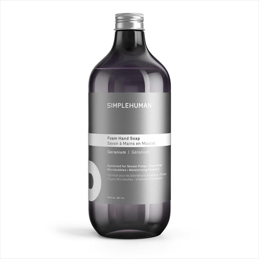 simplehuman front packaging showing bottle and label, highlights easy refill benefit