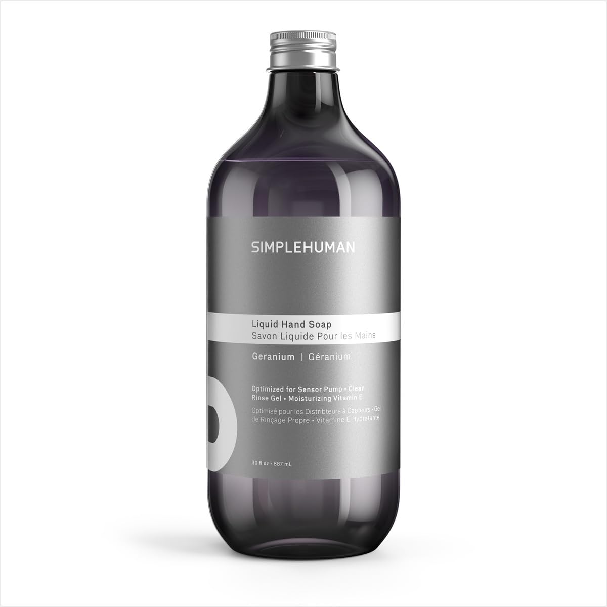simplehuman front label showing geranium scent and refill size for clear identification and convenience