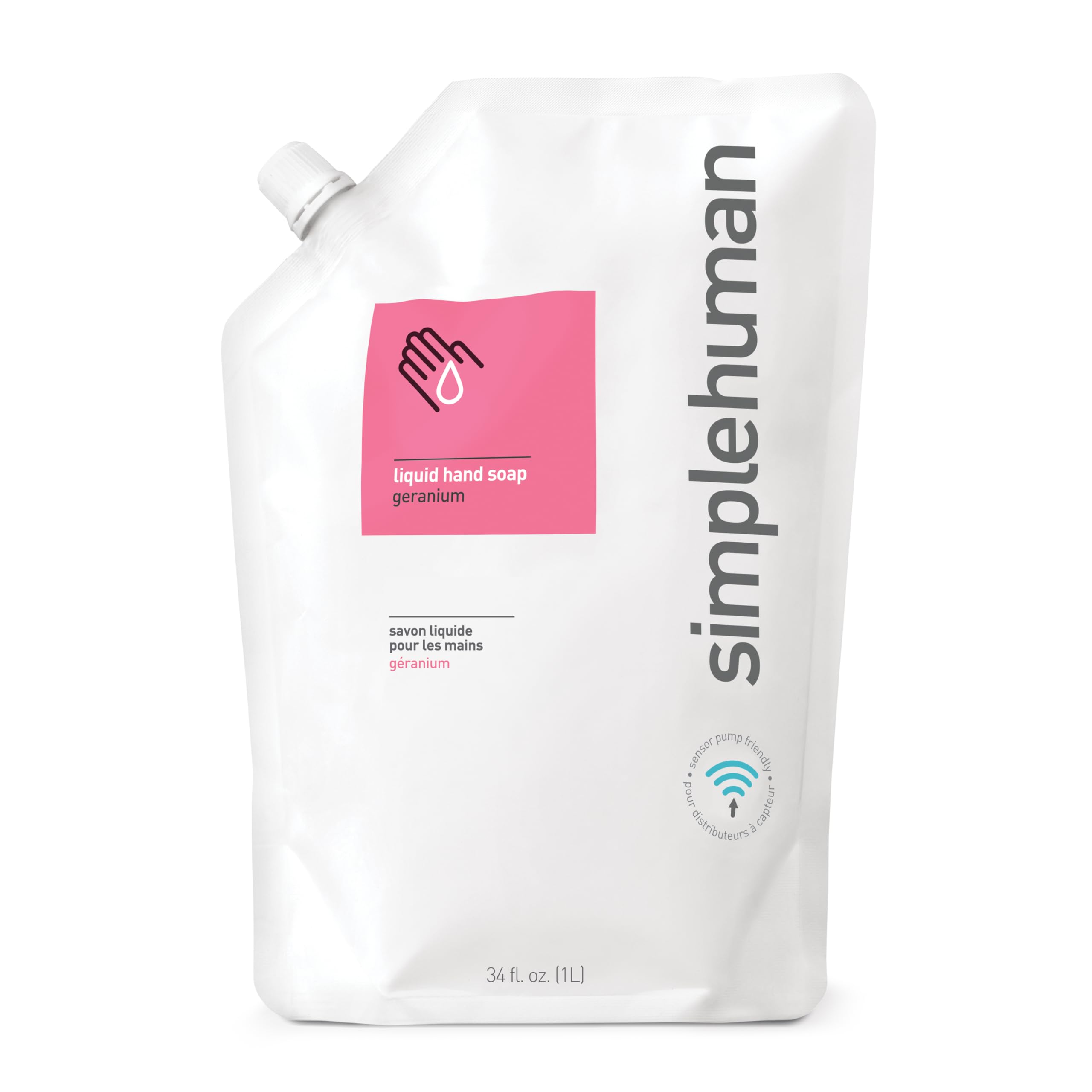 simplehuman geranium refill pouch front view showing label and size benefit