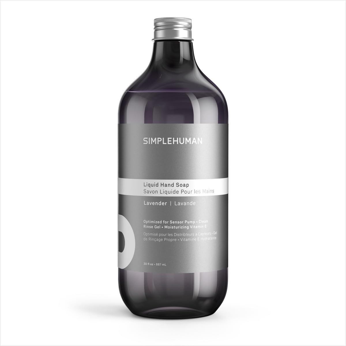 simplehuman front bottle view showing lavender refill and clear label, easy identification