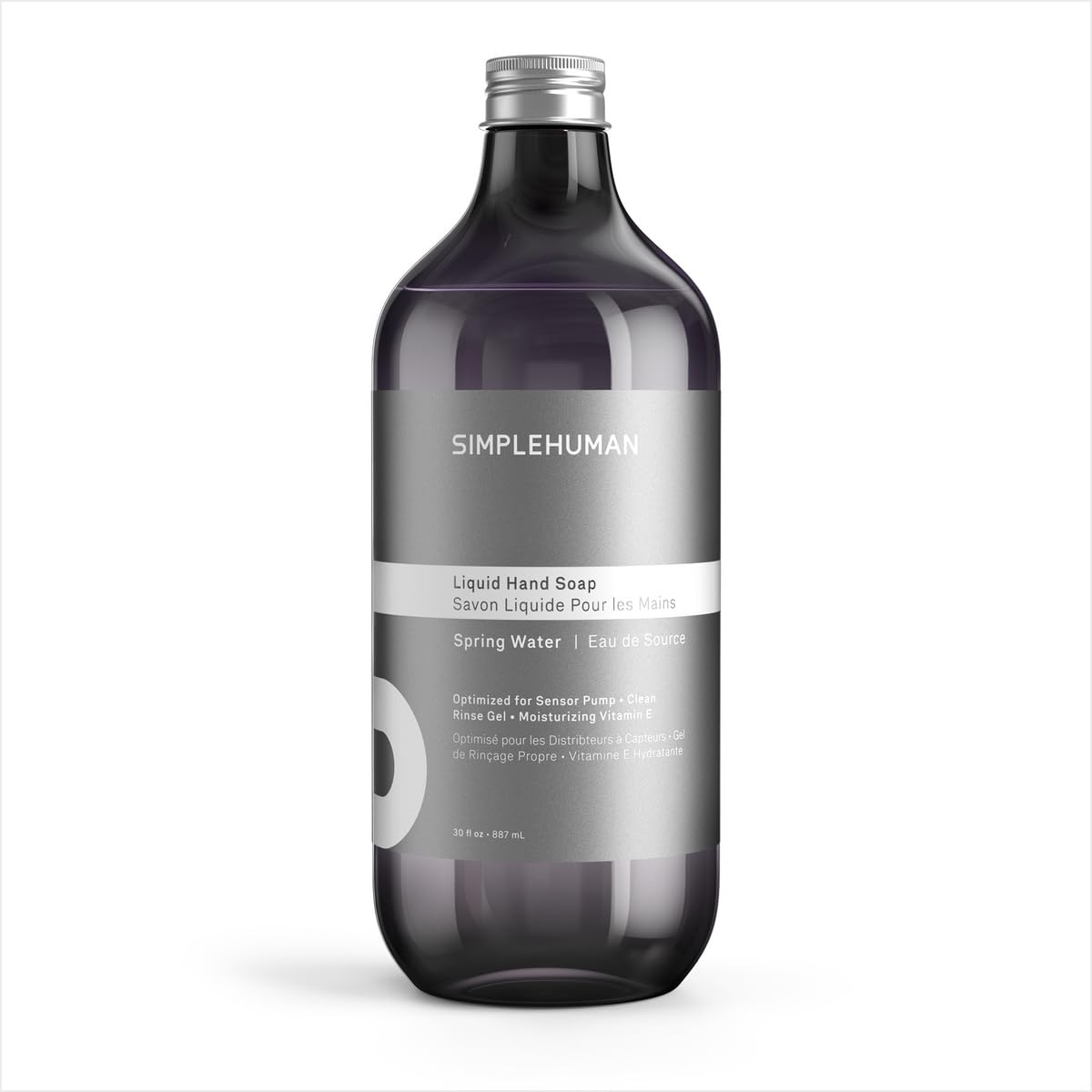 simplehuman front packaging of 30 fl oz refill showing label and floral scent, clear recycling benefit