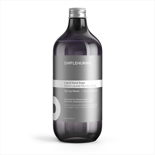 simplehuman front packaging of 30 fl oz refill showing label and floral scent, clear recycling benefit