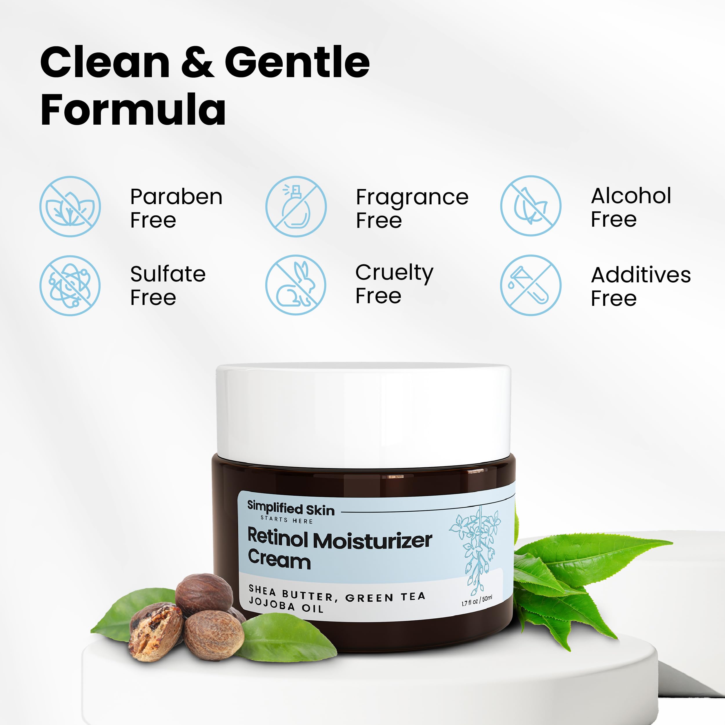 Simplified Skin jar on bedside vanity in evening setting showing nightly ritual benefit: elegant routine