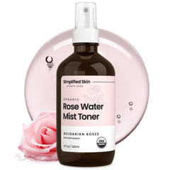 Simplified Skin front bottle view showing organic rose water benefits