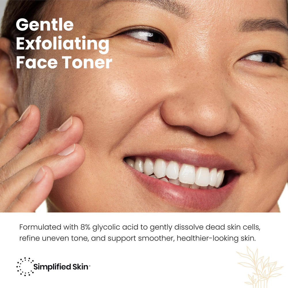 Simplified Skin bottle held in hand illustrating convenient 8 fl oz size