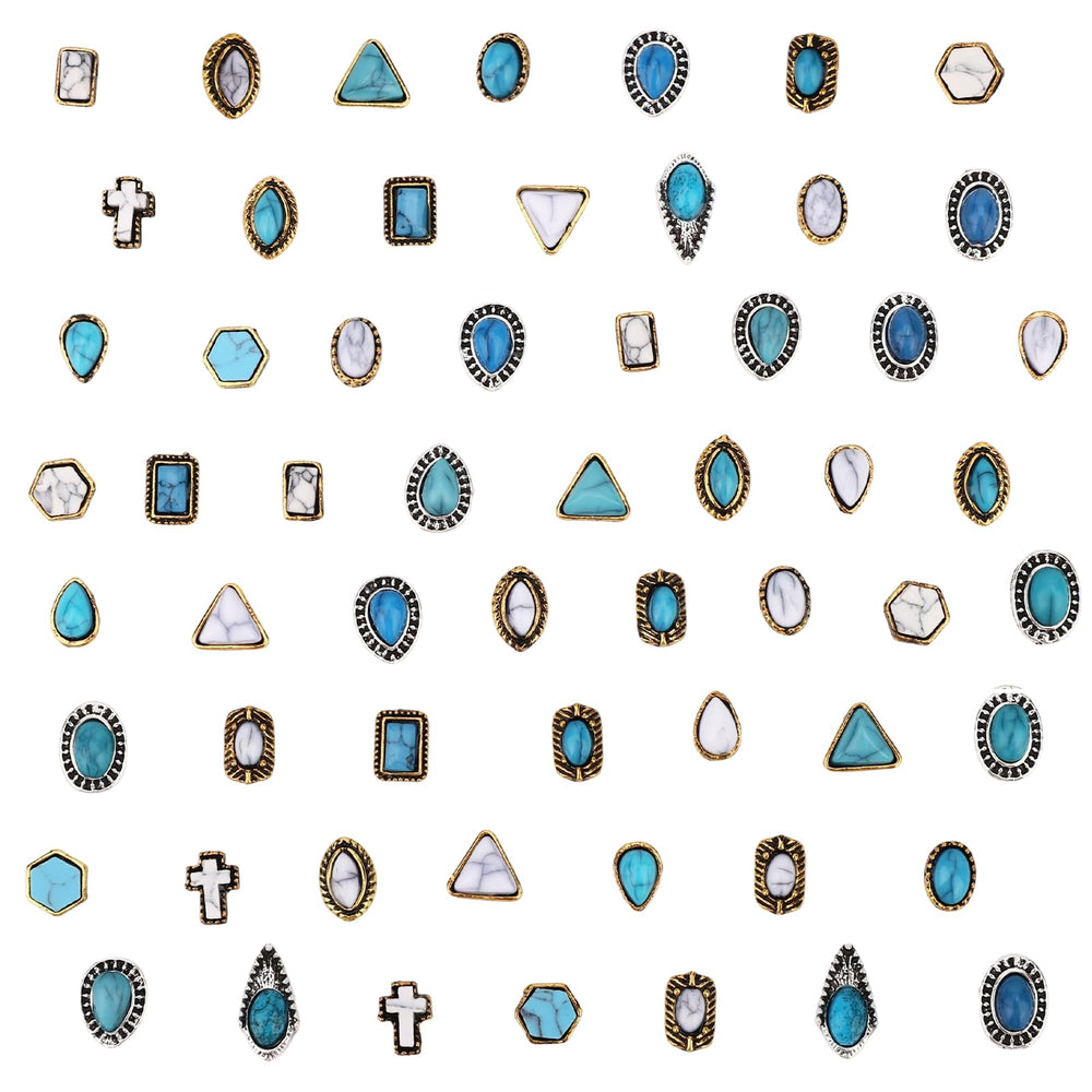 Sinbana front packaging showing 60 turquoise nail charms and kit contents benefit versatility