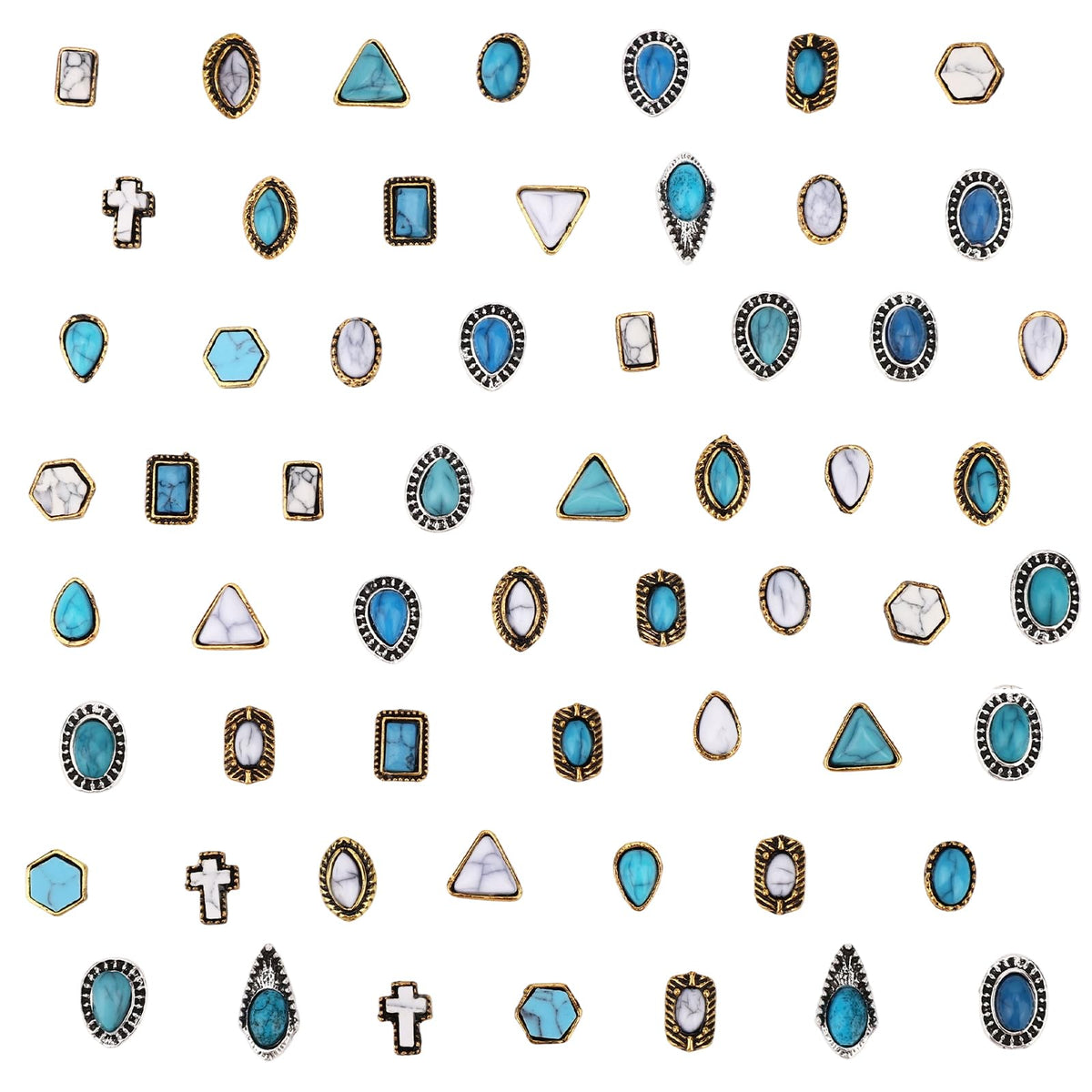 Sinbana front packaging showing 60 turquoise nail charms and kit contents benefit versatility