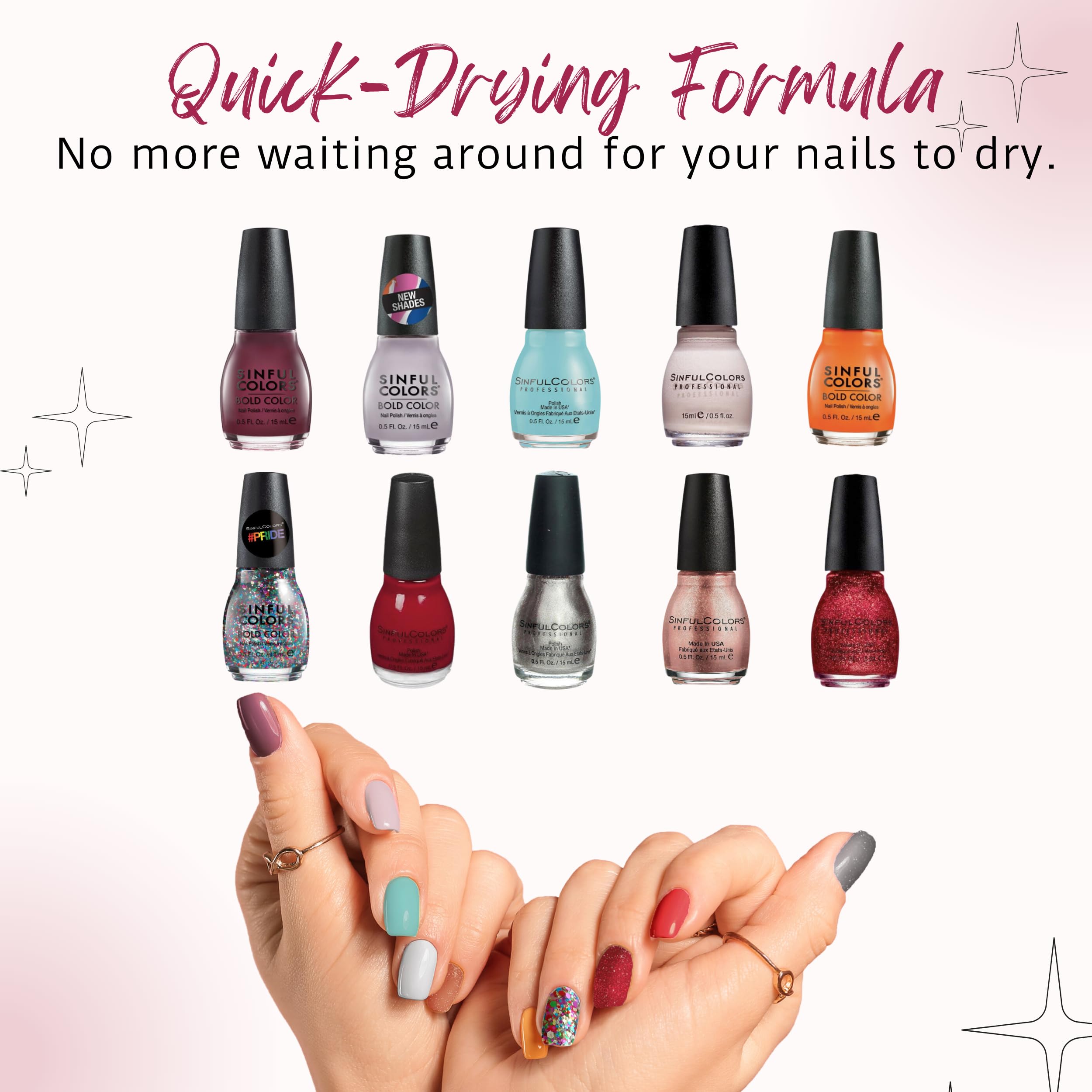 SinfulColors full set arranged on tabletop conveying variety and instant manicure options