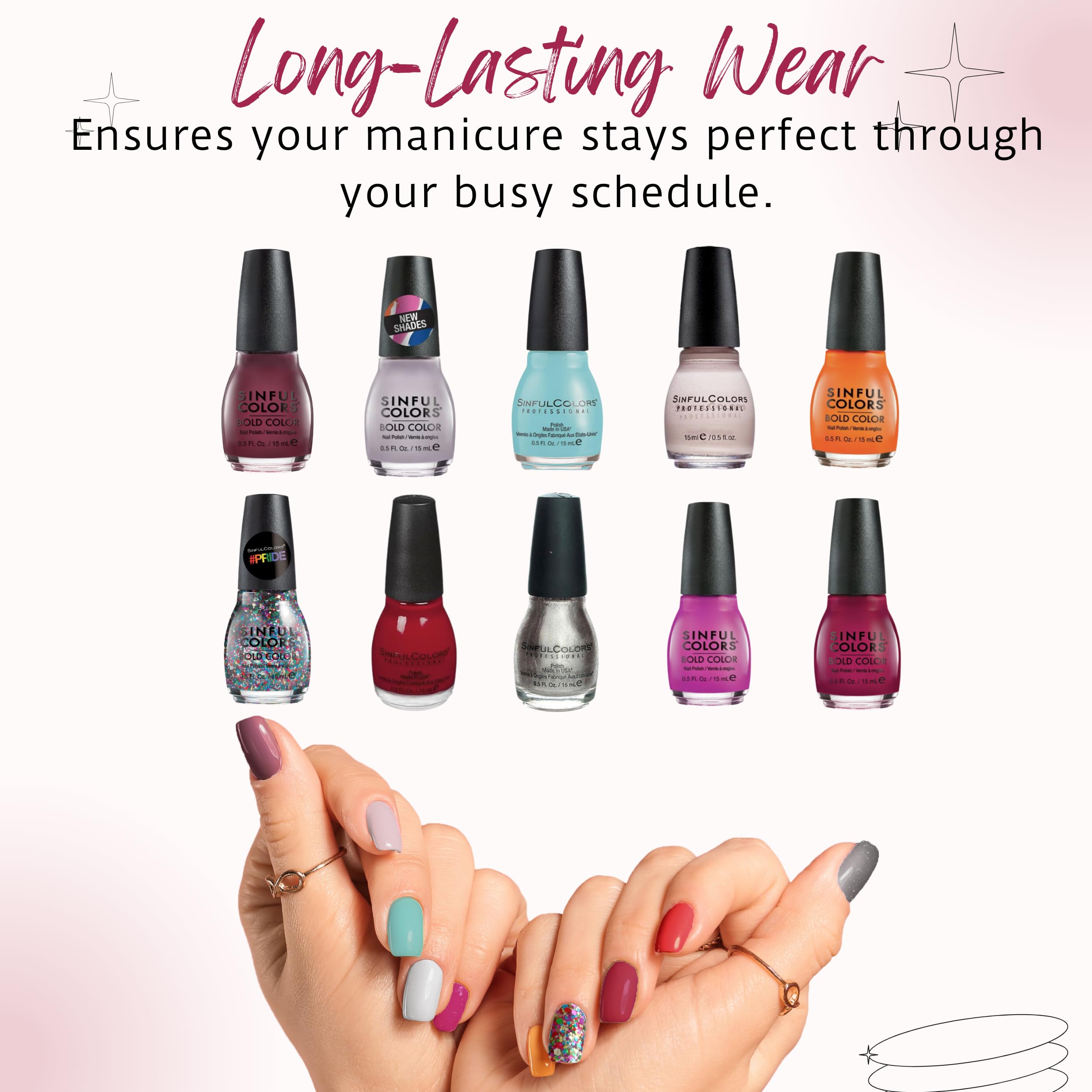 SinfulColors texture swatch on nail tip demonstrating glossy finish and color payoff