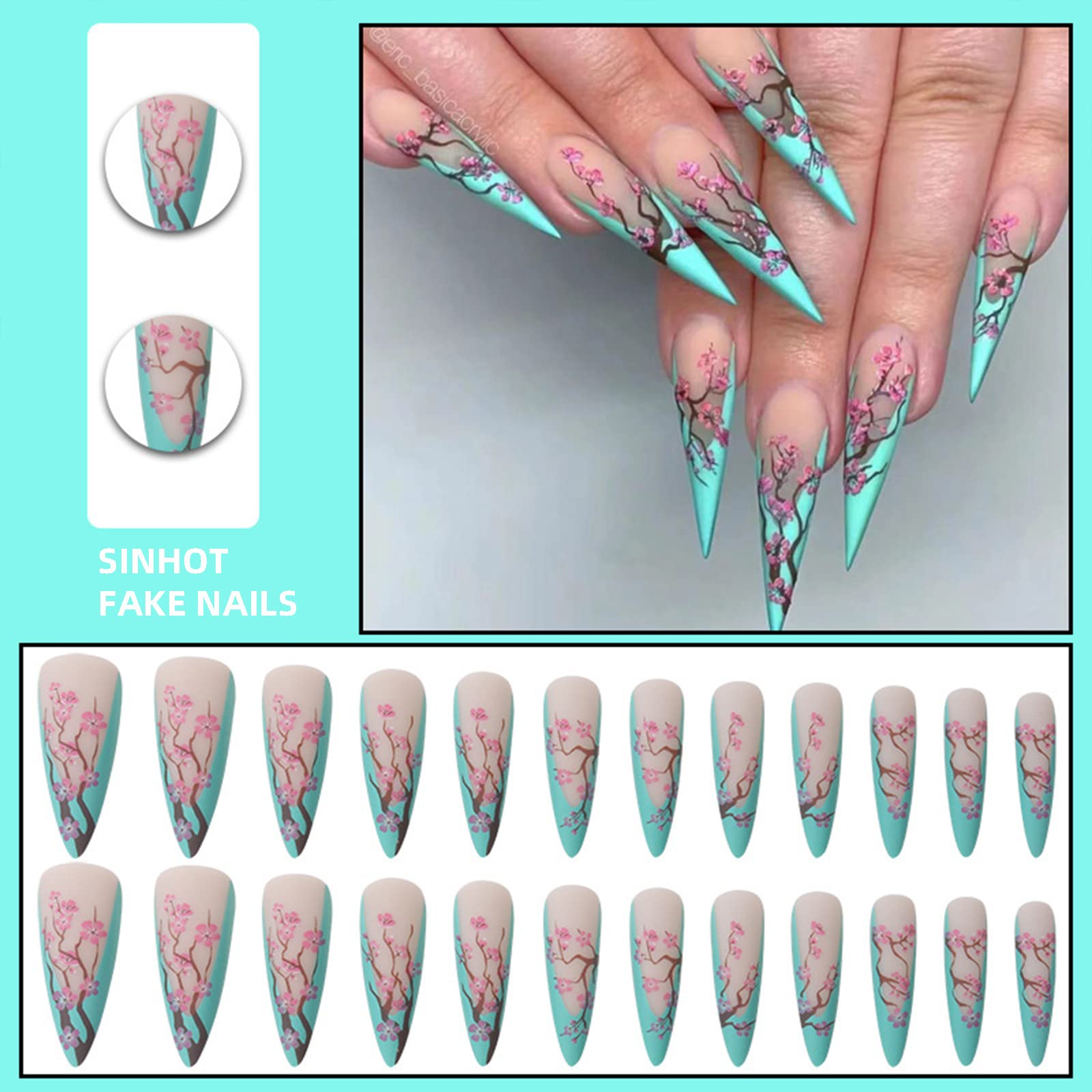 SINHOT close-up of plum blossom detail on nail, highlights intricate floral accents