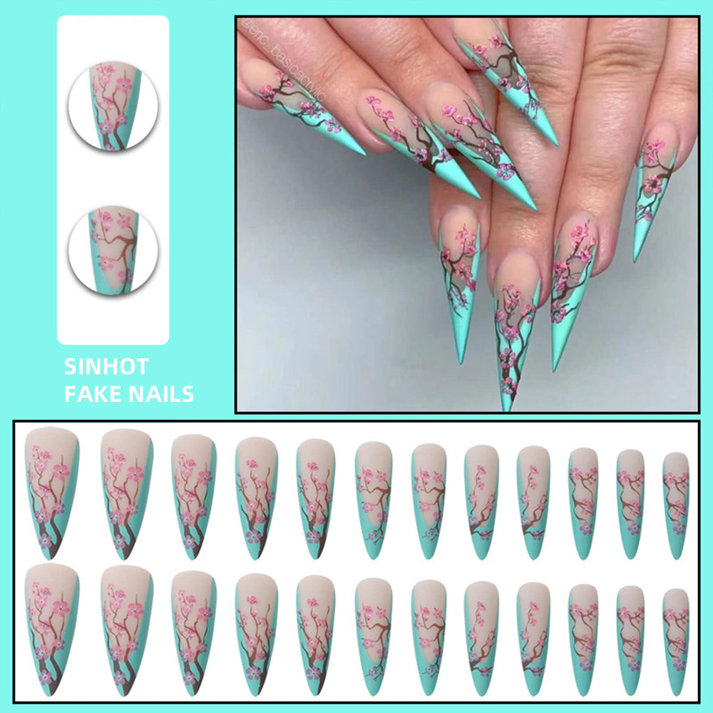 SINHOT close-up of plum blossom detail on nail, highlights intricate floral accents