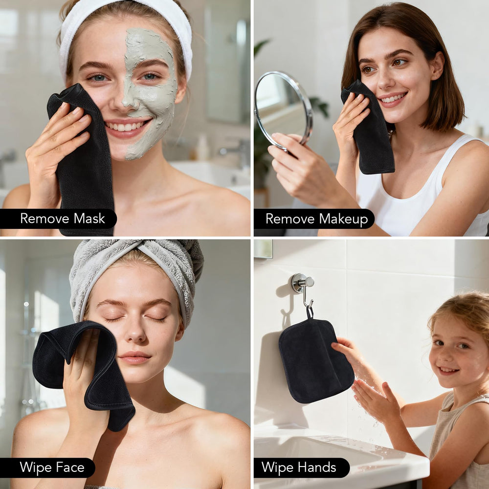 Bathroom scene with SINLAND cloths by sink, promotes simple daily skincare
