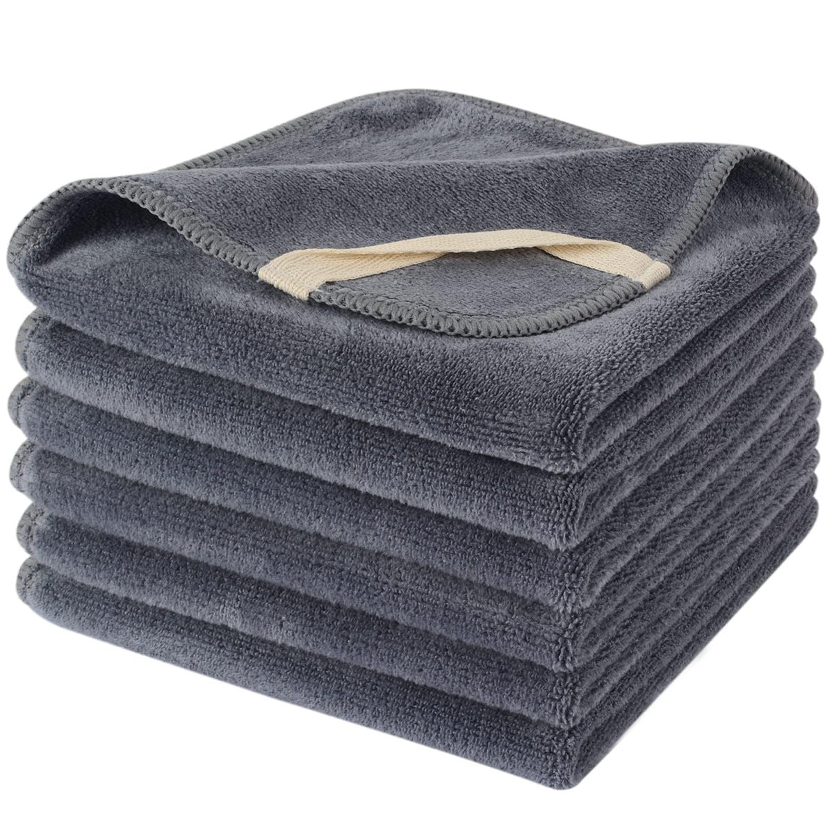 SINLAND front view of six grey washcloths showing packaging and size benefit