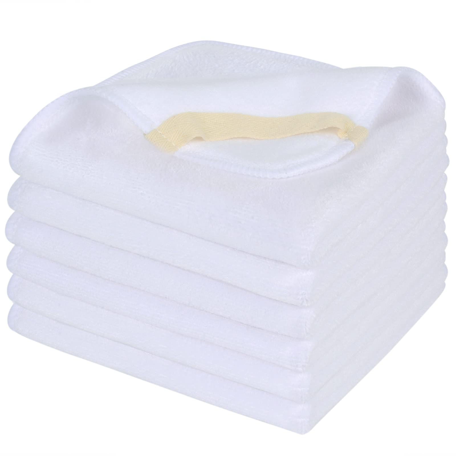SINLAND front view of six white washcloths showing neat stack and packaging benefit: organized storage
