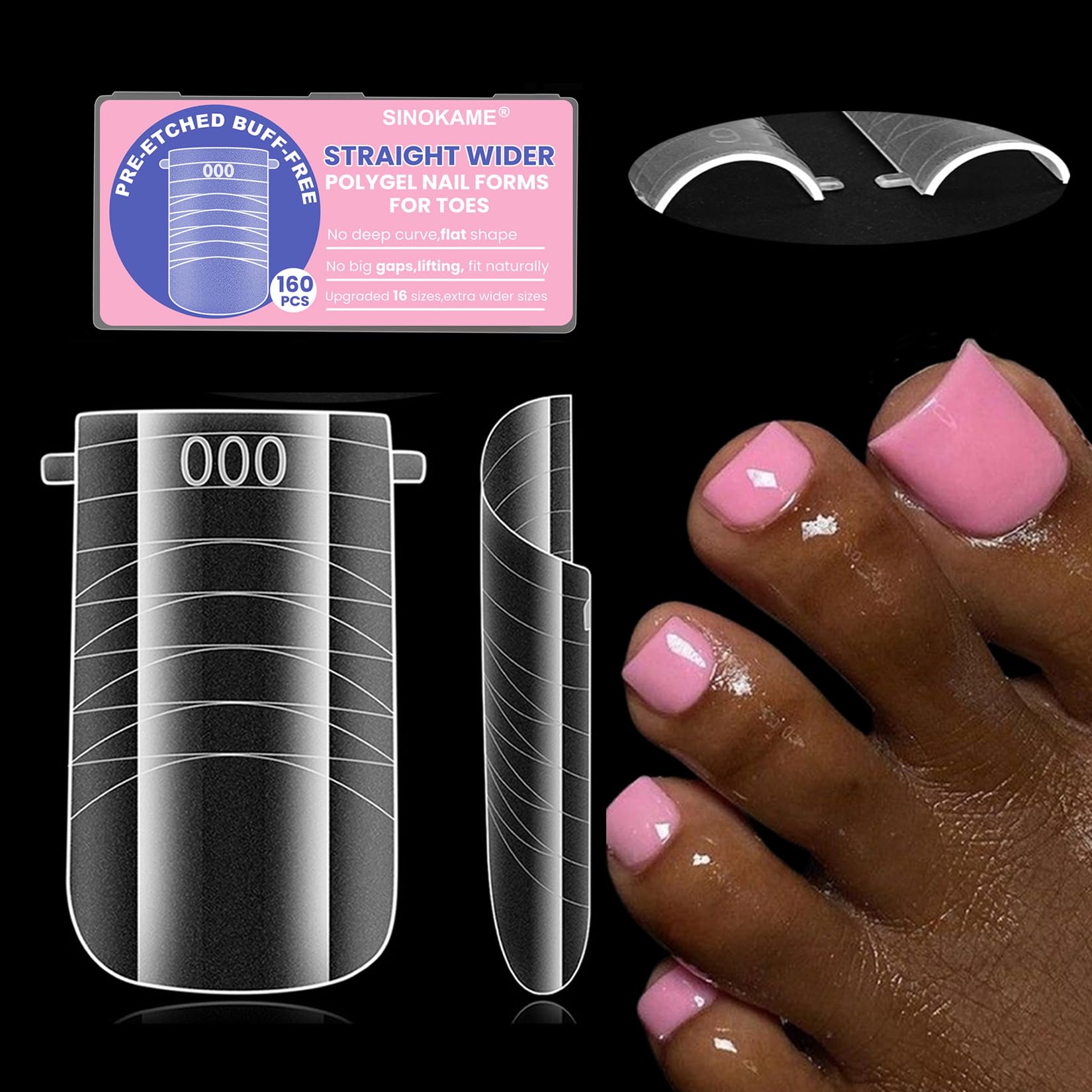 SINOKAME front packaging showing 160-piece toe dual forms and quick benefit