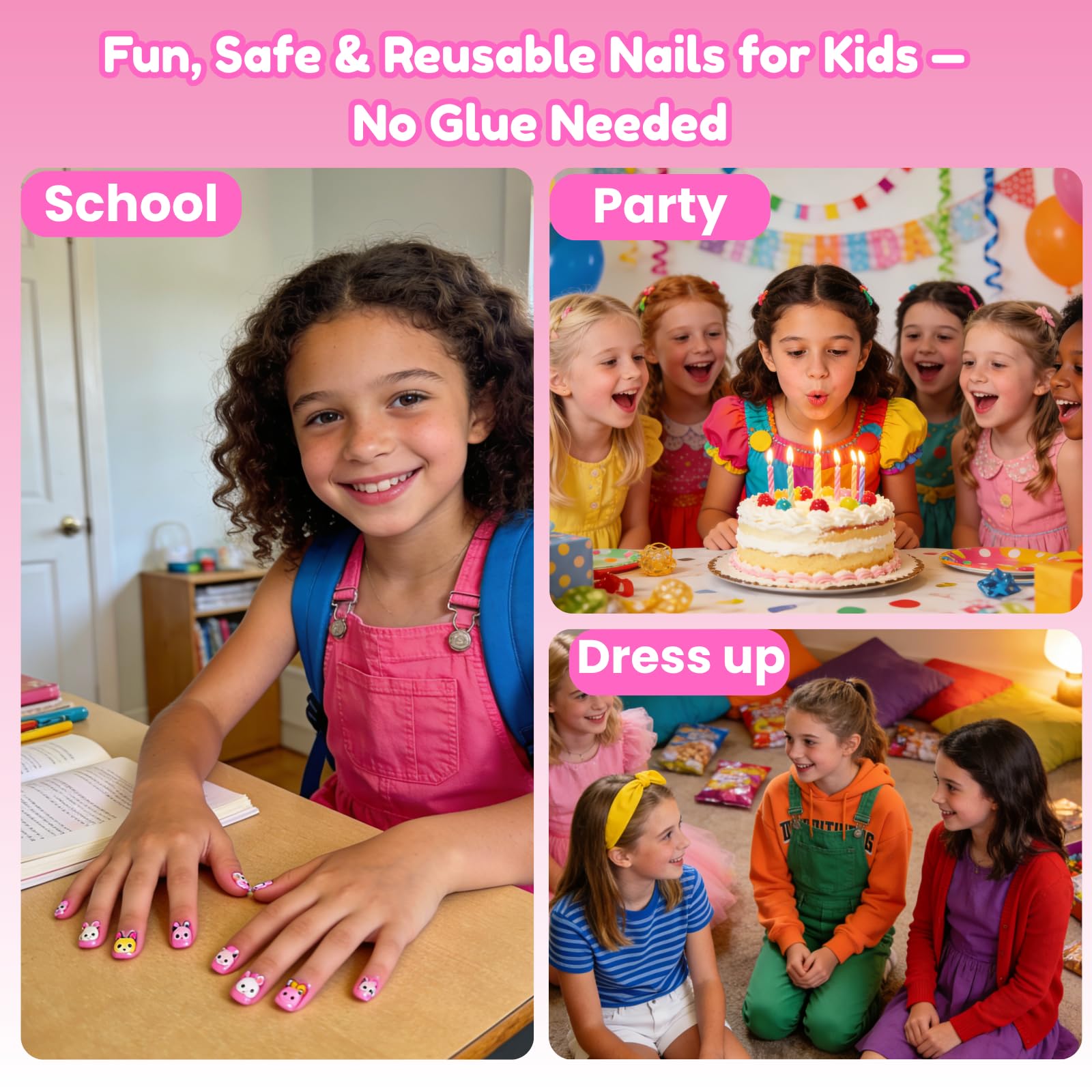 sinokame kids wearing press-on nails smiling, showcasing safe fun and durability