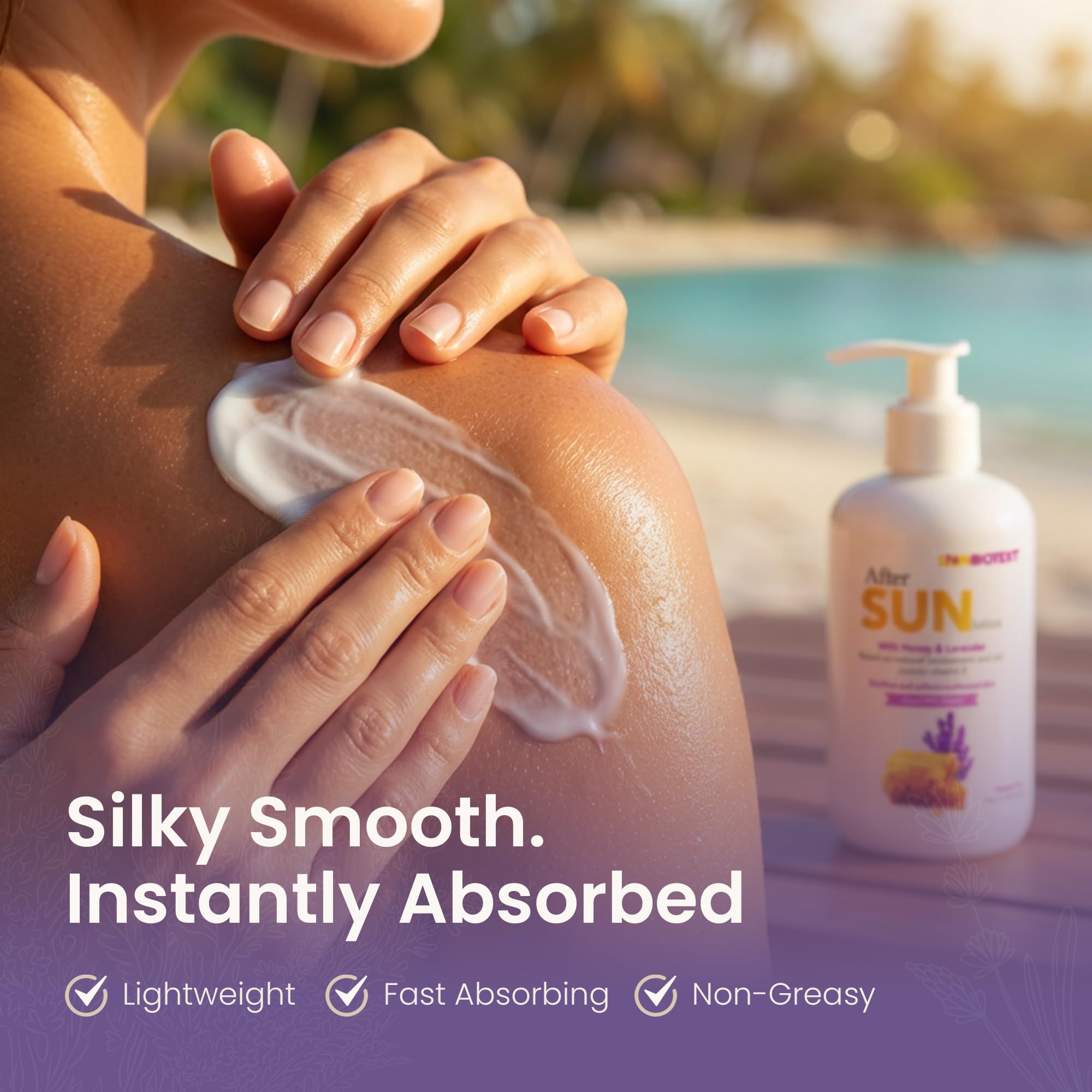SION BIOTEXT in a beach bag suggesting portable post-sun care