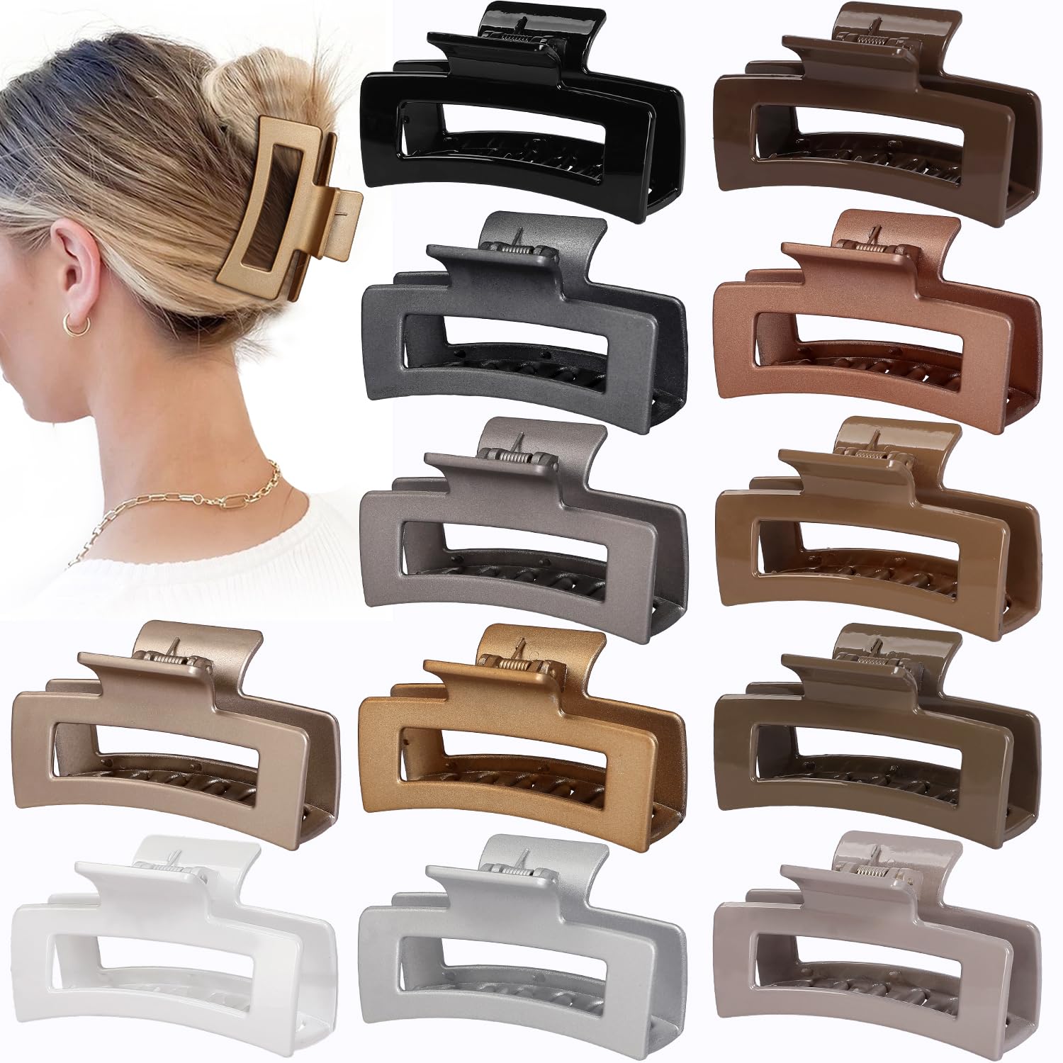Sisiaipu front view of 12-pack rectangular claw clips showing colors and packaging benefit