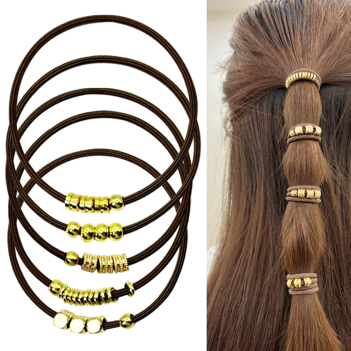 SISYOUP close-up front view showing brown elastic and gold beads, stylish and durable