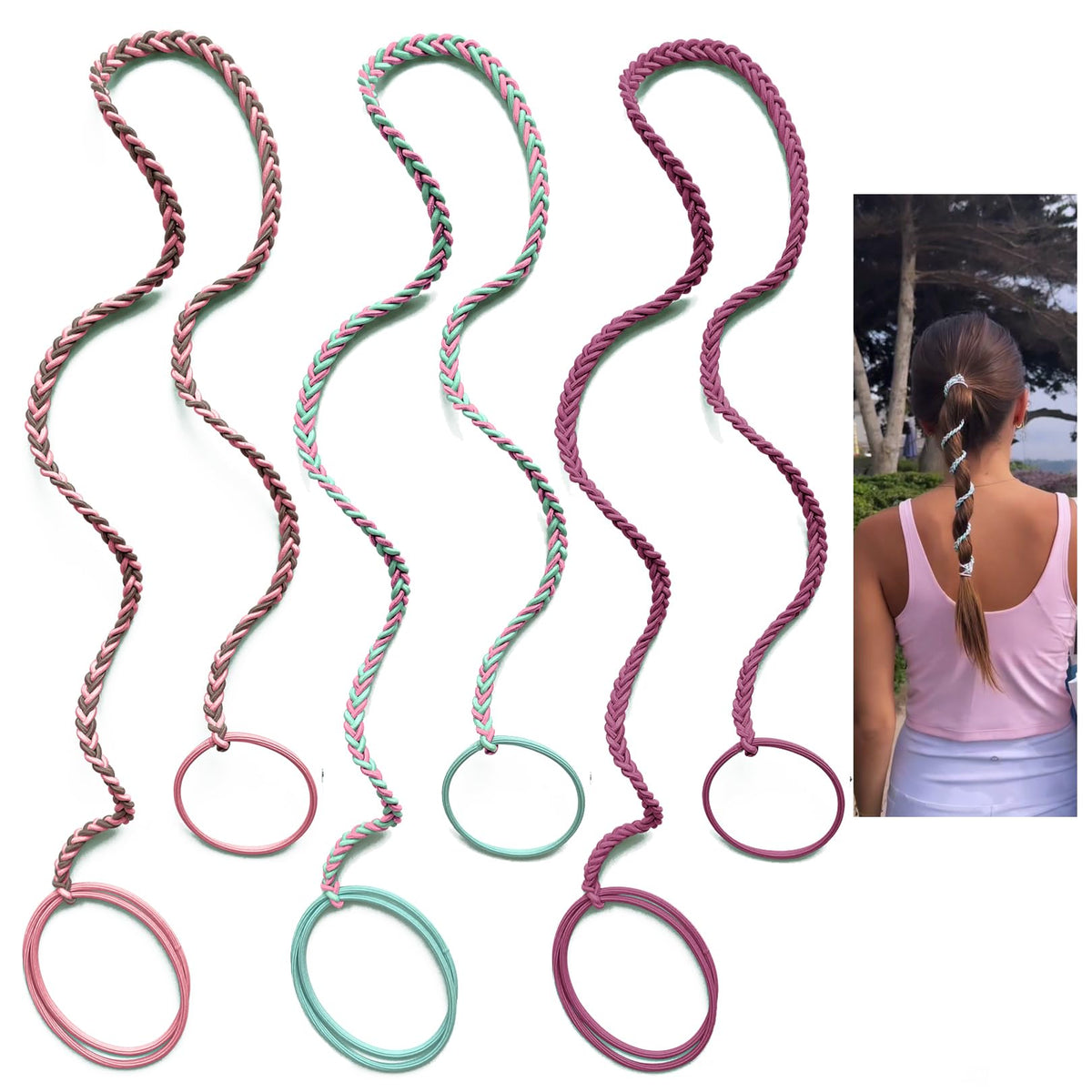 SISYOUP front packaging showing three 25 inch spiral hair ties, durable for sports